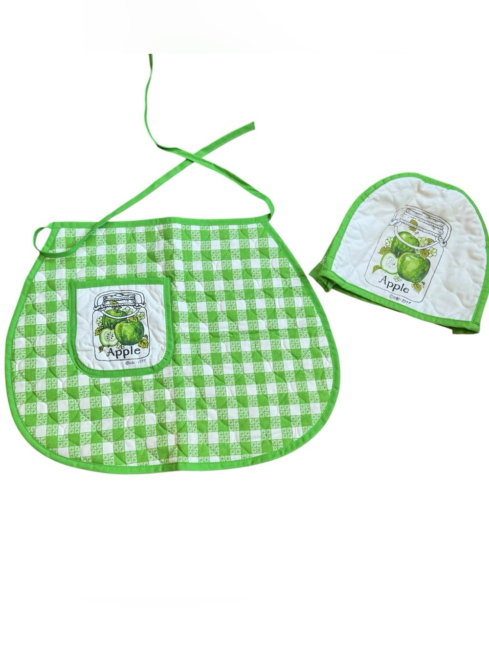 Vintage 1977 Half Apron And Appliance Cover Green White Gingham Apples Quilted